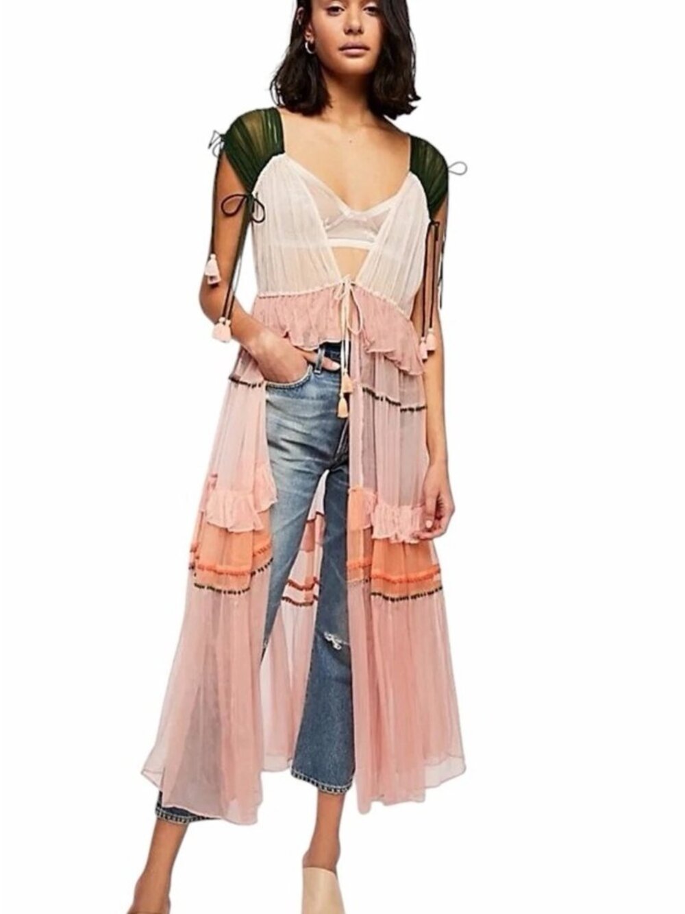 Free People x NFC Capri Color Block Chiffon Kimono Duster OS